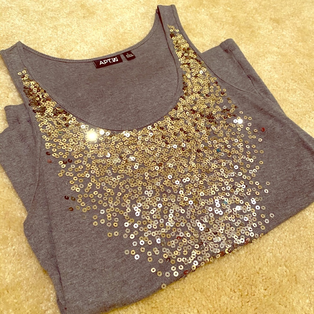 Apt 9. Gray tank with gold sequins